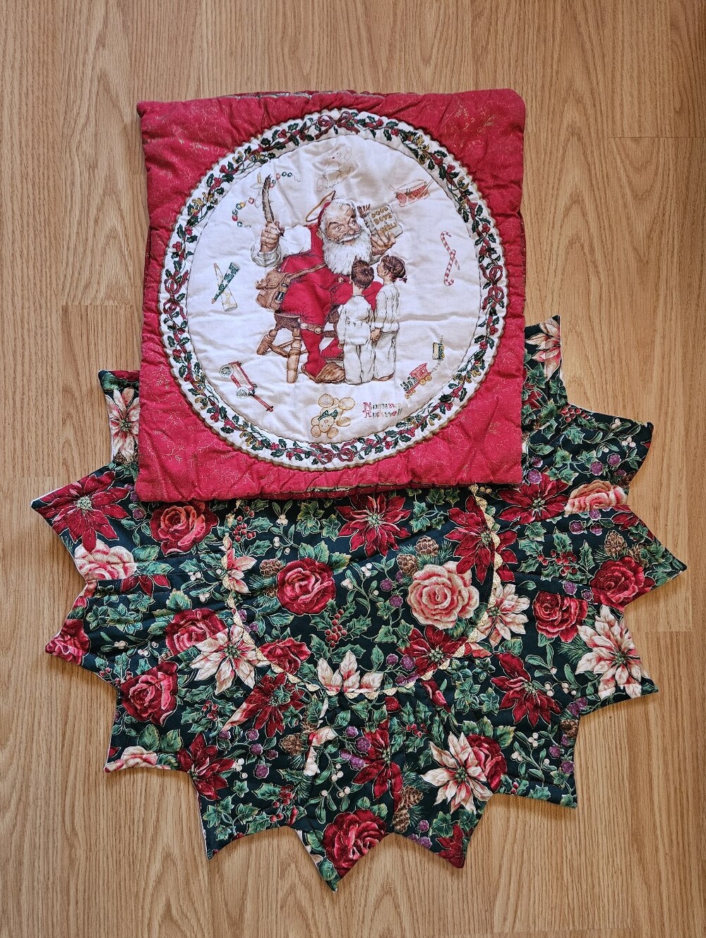 Handmade Christmas Quilted Pillow Sham & Poinsettia Star Centerpiece Mat Set Vtg